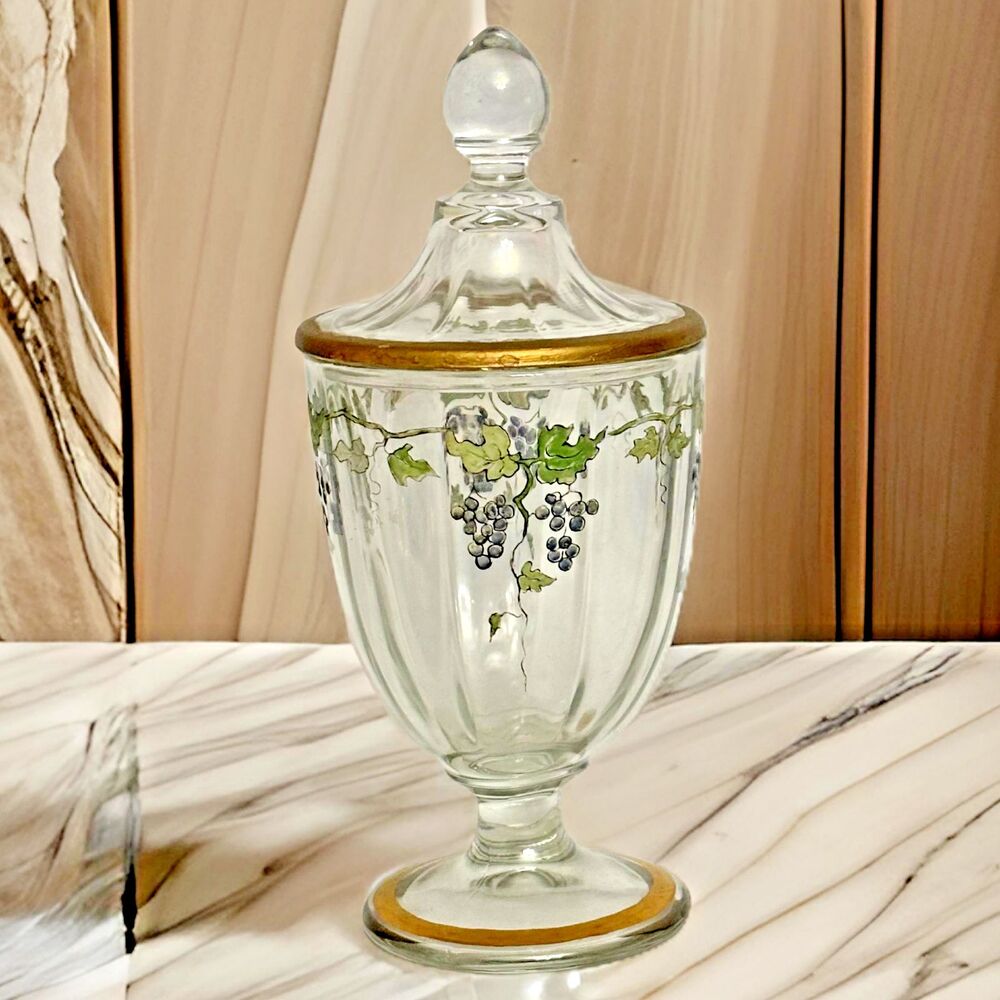 Vintage Cambridge Candy Jar with Lid – Painted Flowers & Gold Trim, 9”